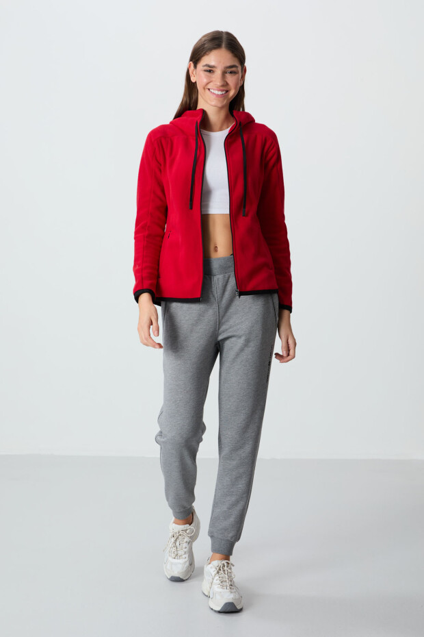 Kırmızı Kalın Yumuşak Dokulu Kapüşonlu Standart Fit Nakışlı Polar Kadın Sweatshirt -97287 - 2