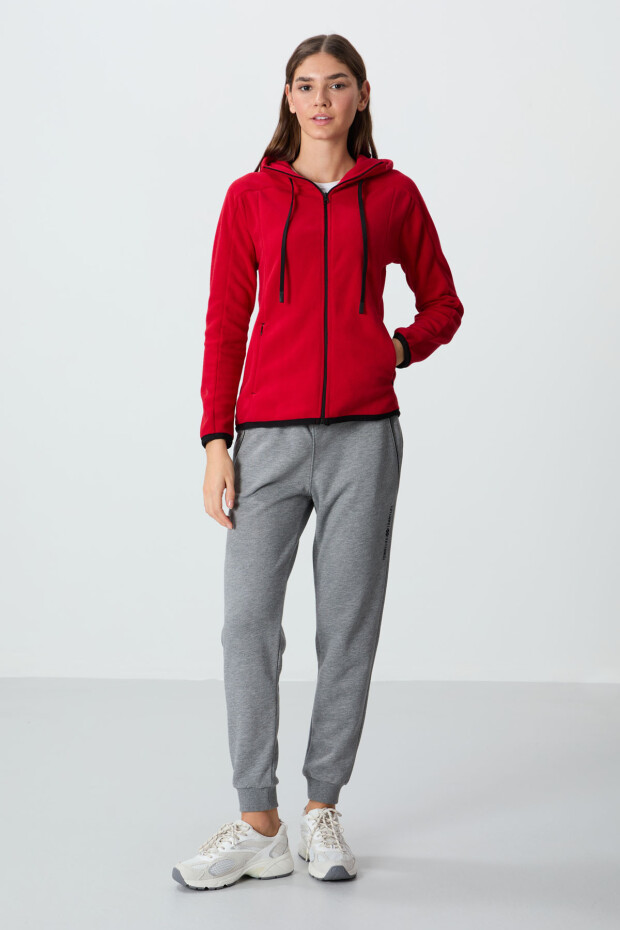 Kırmızı Kalın Yumuşak Dokulu Kapüşonlu Standart Fit Nakışlı Polar Kadın Sweatshirt -97287 - 4