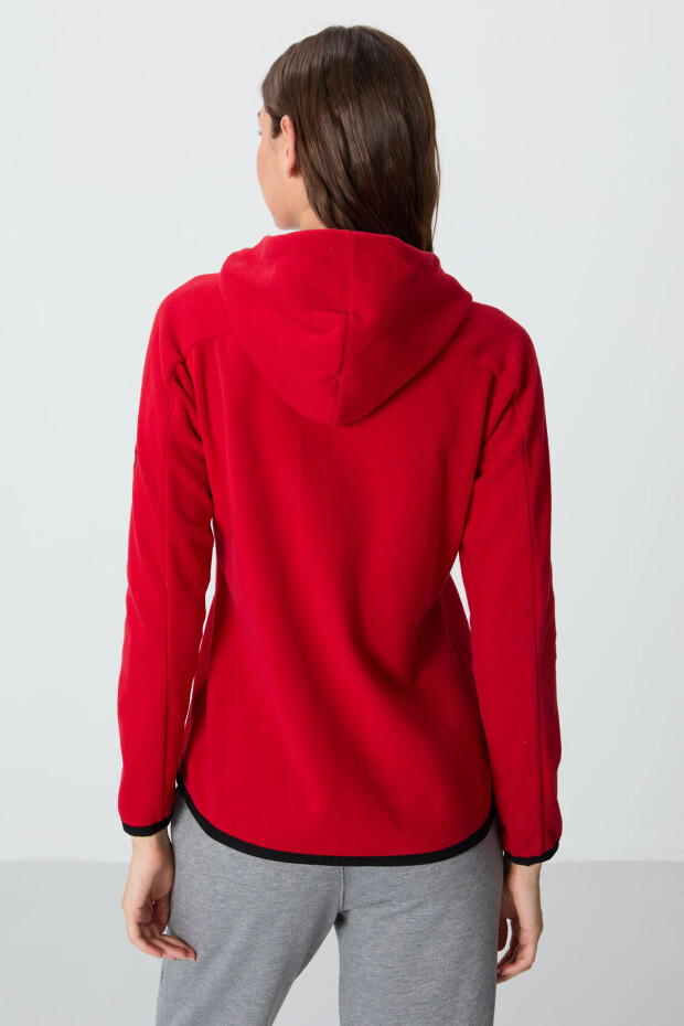 Kırmızı Kalın Yumuşak Dokulu Kapüşonlu Standart Fit Nakışlı Polar Kadın Sweatshirt -97287 - 6