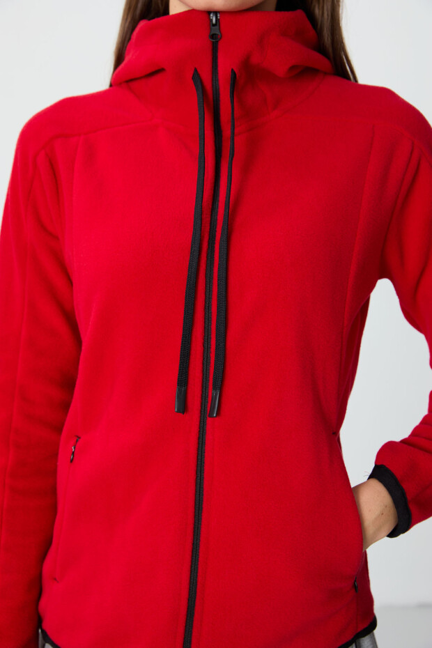 Kırmızı Kalın Yumuşak Dokulu Kapüşonlu Standart Fit Nakışlı Polar Kadın Sweatshirt -97287 - 5