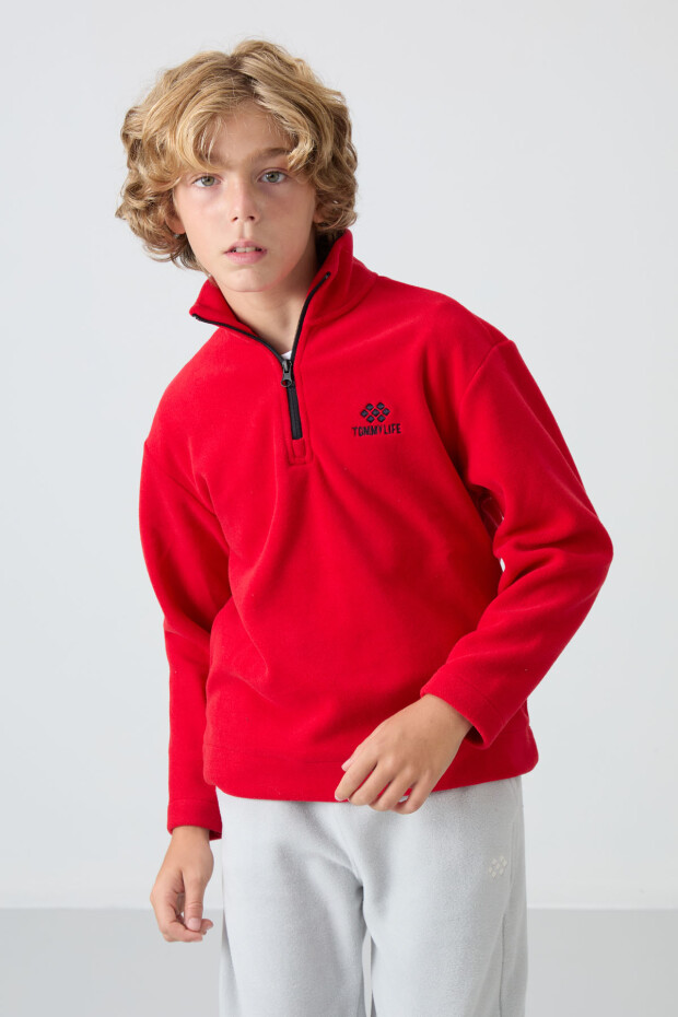 Kırmızı Kalın Yumuşak Dokulu Standart Fit Nakışlı Polar Erkek Çocuk Sweatshirt - 11221 - 4