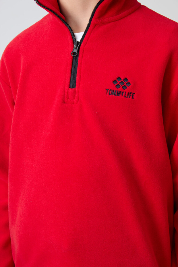 Kırmızı Kalın Yumuşak Dokulu Standart Fit Nakışlı Polar Erkek Çocuk Sweatshirt - 11221 - 3