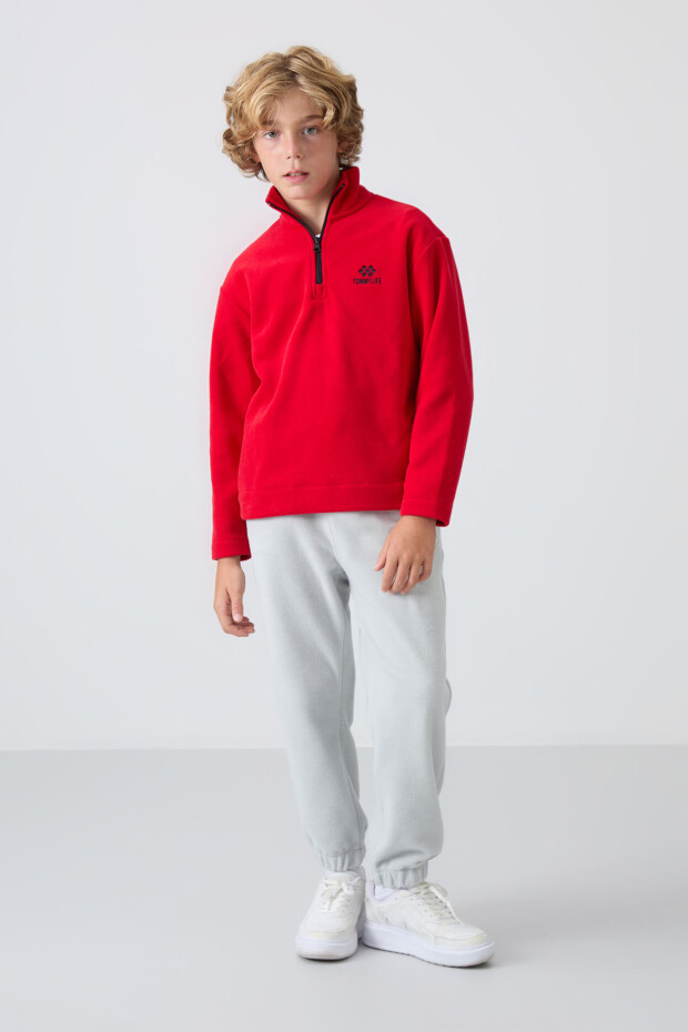 Kırmızı Kalın Yumuşak Dokulu Standart Fit Nakışlı Polar Erkek Çocuk Sweatshirt - 11221 - 2