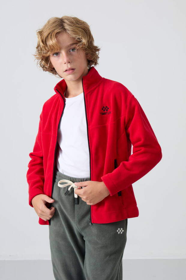 Kırmızı Kalın Yumuşak Dokulu Standart Fit Nakışlı Polar Erkek Çocuk Sweatshirt - 11223 - 5
