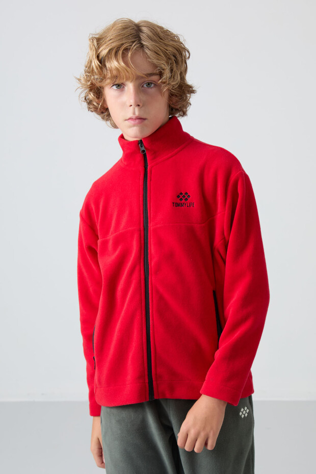 Kırmızı Kalın Yumuşak Dokulu Standart Fit Nakışlı Polar Erkek Çocuk Sweatshirt - 11223 - 1