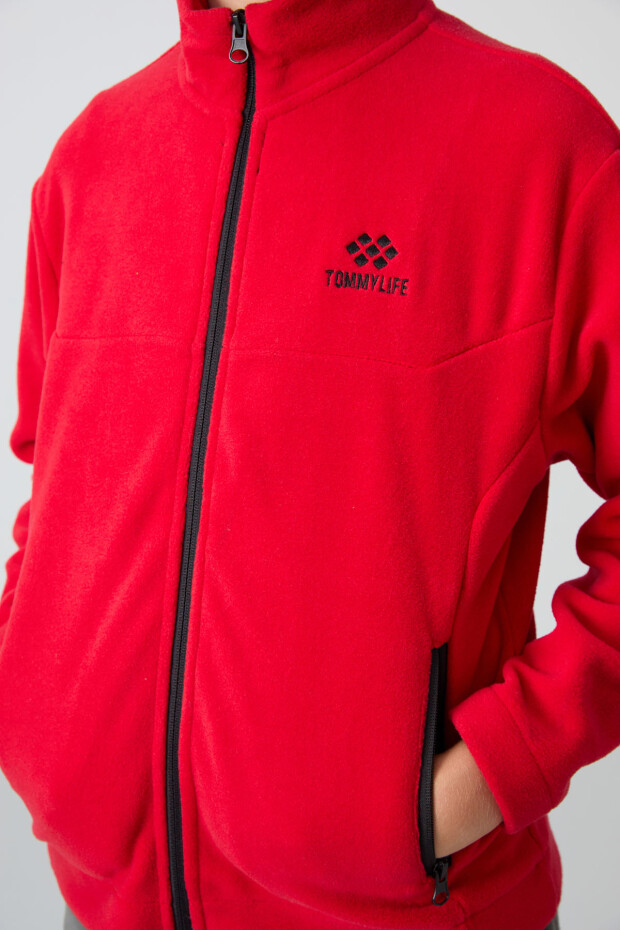 Kırmızı Kalın Yumuşak Dokulu Standart Fit Nakışlı Polar Erkek Çocuk Sweatshirt - 11223 - 3