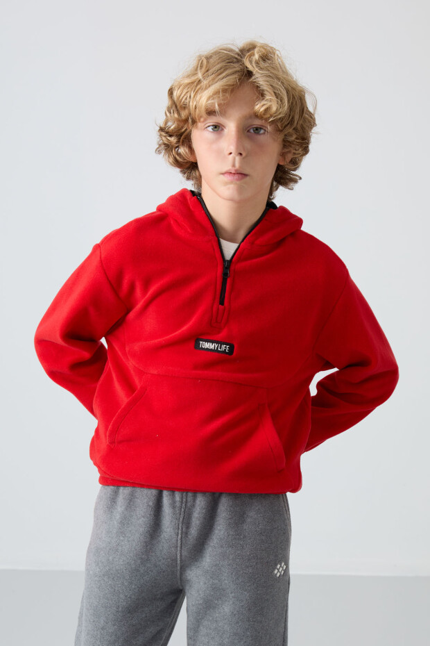 Kırmızı Kalın Yumuşak Dokulu Standart Fit Nakışlı Polar Erkek Çocuk Sweatshirt - 11230 - 3