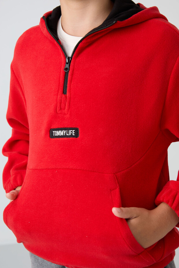 Kırmızı Kalın Yumuşak Dokulu Standart Fit Nakışlı Polar Erkek Çocuk Sweatshirt - 11230 - 4