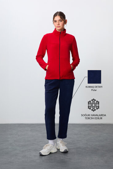 Kırmızı-Lacivert Kalın Yumuşak Dokulu Dik Yaka Oversize Nakışlı Polar Kadın Eşofman Takım -95339 