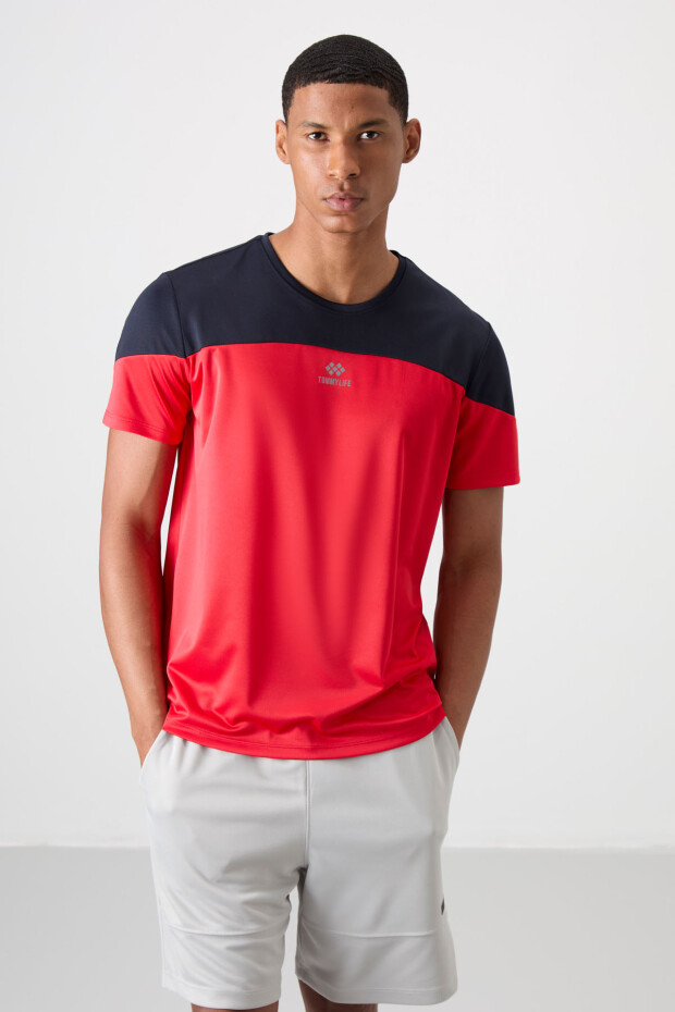 Kırmızı Nefes Alan Dokulu İnce Esnek Standart Fit Erkek Performans T-Shirt - 88386 - 1