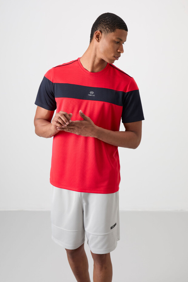 Kırmızı Nefes Alan Dokulu İnce Esnek Standart Fit Erkek Performans T-Shirt - 88396 - 5