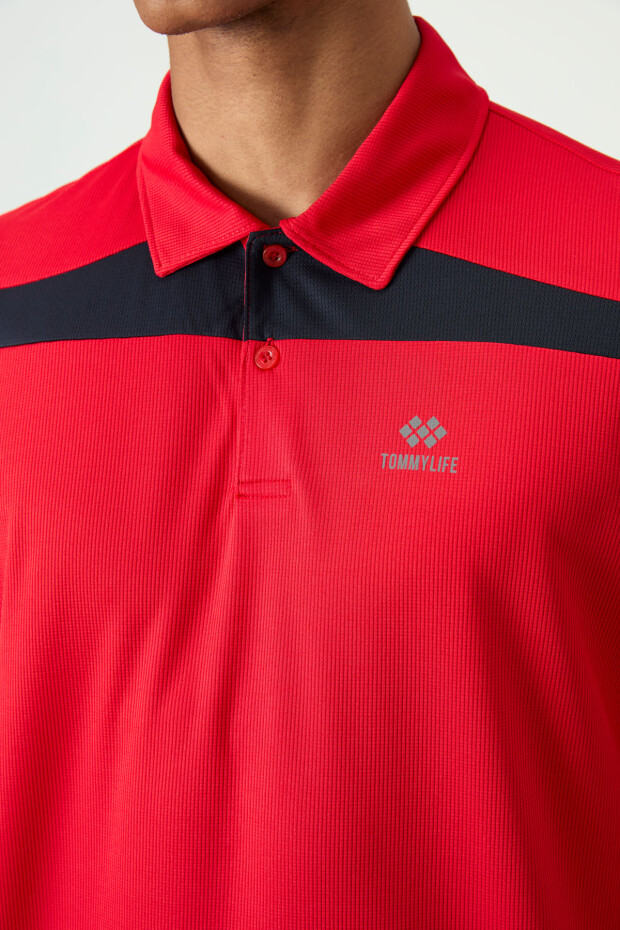 Kırmızı Nefes Alan Dokulu İnce Esnek Standart Fit Polo Yaka Erkek Performans T-Shirt - 88392 - 3