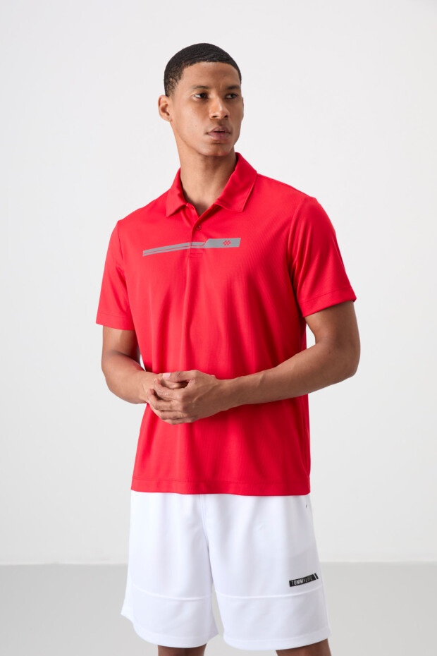 Kırmızı Nefes Alan Dokulu İnce Esnek Standart Fit Polo Yaka Erkek Performans T-Shirt - 88393 - 1