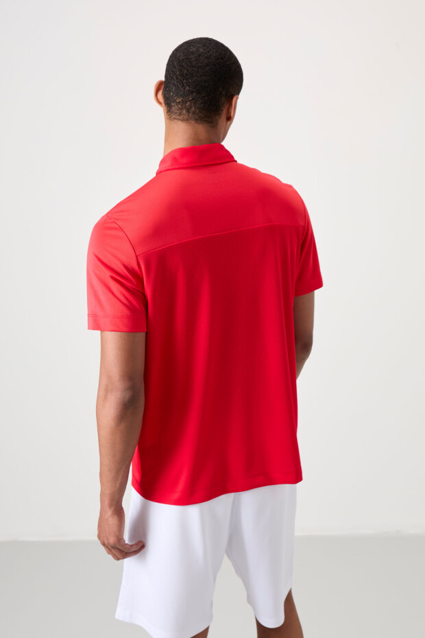 Kırmızı Nefes Alan Dokulu İnce Esnek Standart Fit Polo Yaka Erkek Performans T-Shirt - 88402 - 5