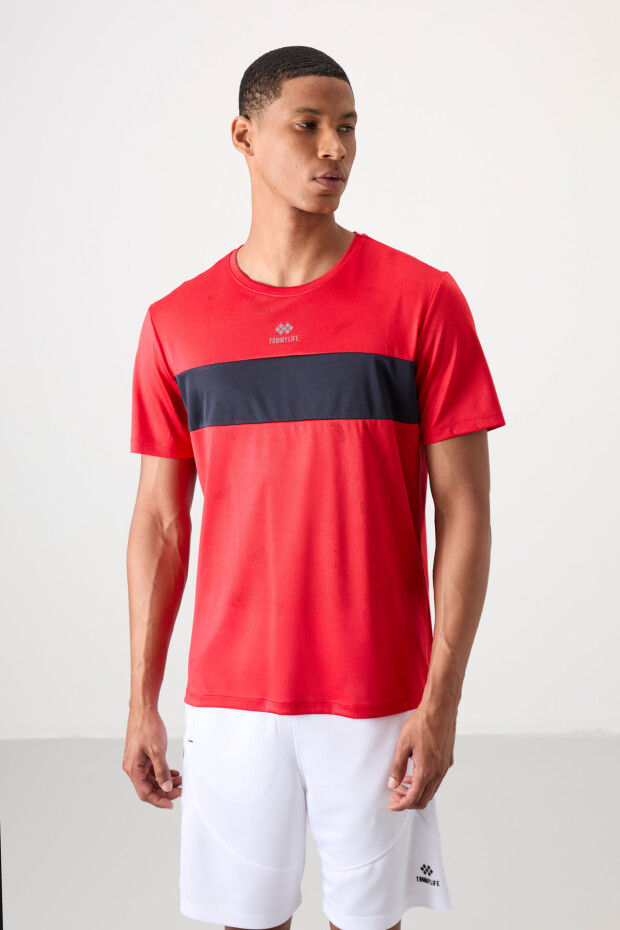 Kırmızı Nefes Alan Jakarlı İnce Esnek Standart Fit Erkek Performans T-Shirt - 88398 - 4