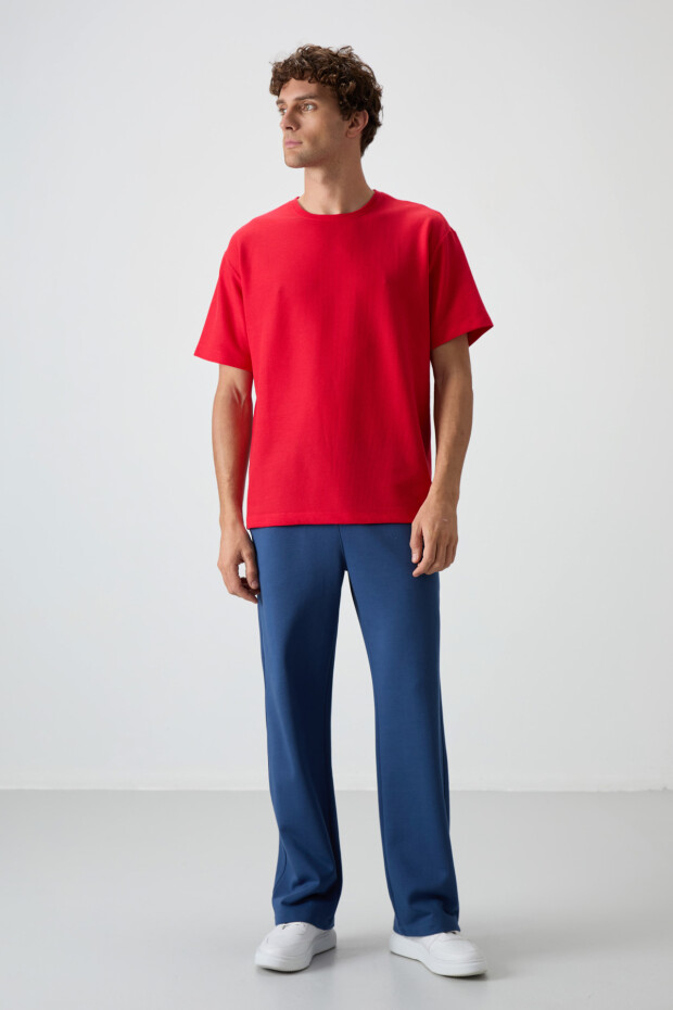 Kırmızı Waffle İnterlok Yüzeyi Dokulu Oversize Fit Basic Erkek T-Shirt - 88379 - 3