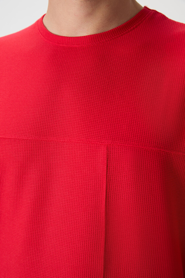 Kırmızı Waffle İnterlok Yüzeyi Dokulu Oversize Fit Basic Erkek T-Shirt - 88380 - 3