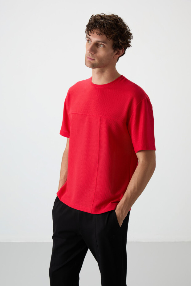Kırmızı Waffle İnterlok Yüzeyi Dokulu Oversize Fit Basic Erkek T-Shirt - 88380 - 5