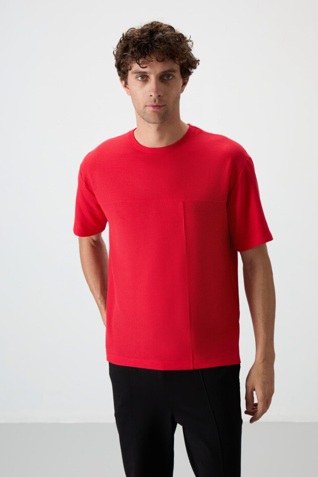 Kırmızı Waffle İnterlok Yüzeyi Dokulu Oversize Fit Basic Erkek T-Shirt - 88380 - 2