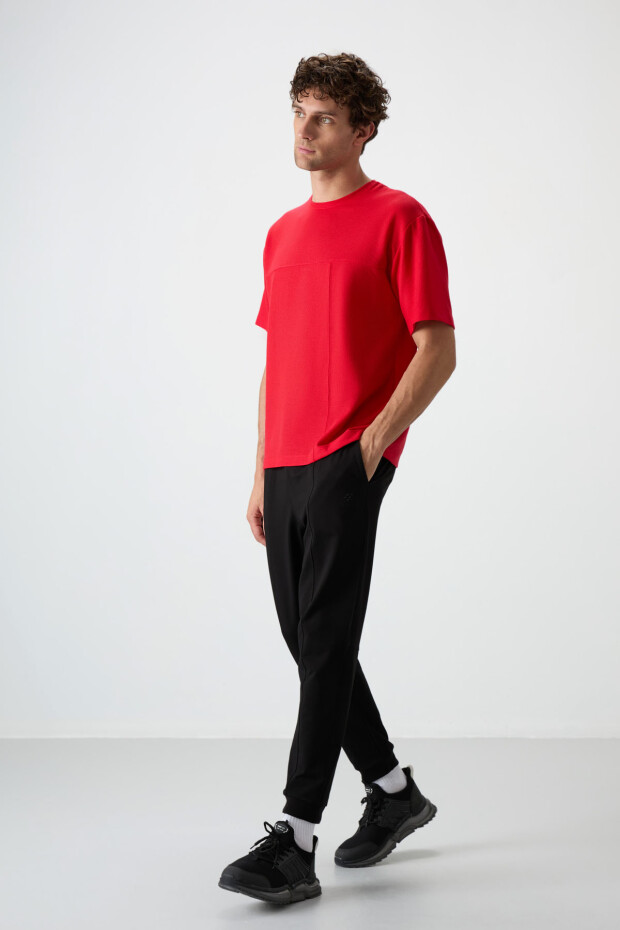 Kırmızı Waffle İnterlok Yüzeyi Dokulu Oversize Fit Basic Erkek T-Shirt - 88380 - 4