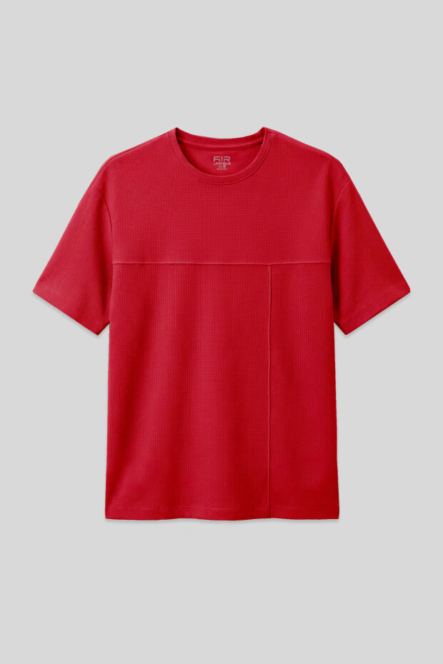 Kırmızı Waffle İnterlok Yüzeyi Dokulu Oversize Fit Basic Erkek T-Shirt - 88380 - 1