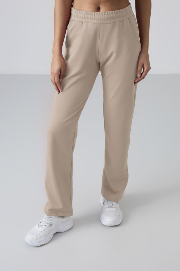 Koyu Bej Yüksek Bel Cepli Rahat Form Klasik Paça Kadın Eşofman Alt - 94584 - 2