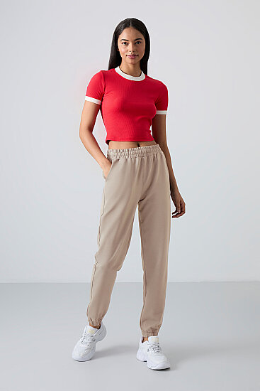 Koyu Bej Cepli Yüksek Bel Rahat Form Lastik Paça Kadın Eşofman Alt - 94583 