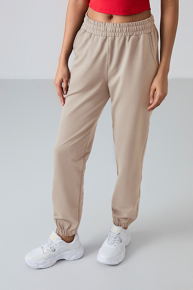 Koyu Bej Cepli Yüksek Bel Rahat Form Lastik Paça Kadın Eşofman Alt - 94583 - 2