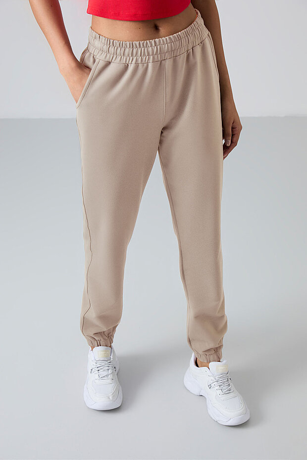 Koyu Bej Cepli Yüksek Bel Rahat Form Lastik Paça Kadın Eşofman Alt - 94583 - 3