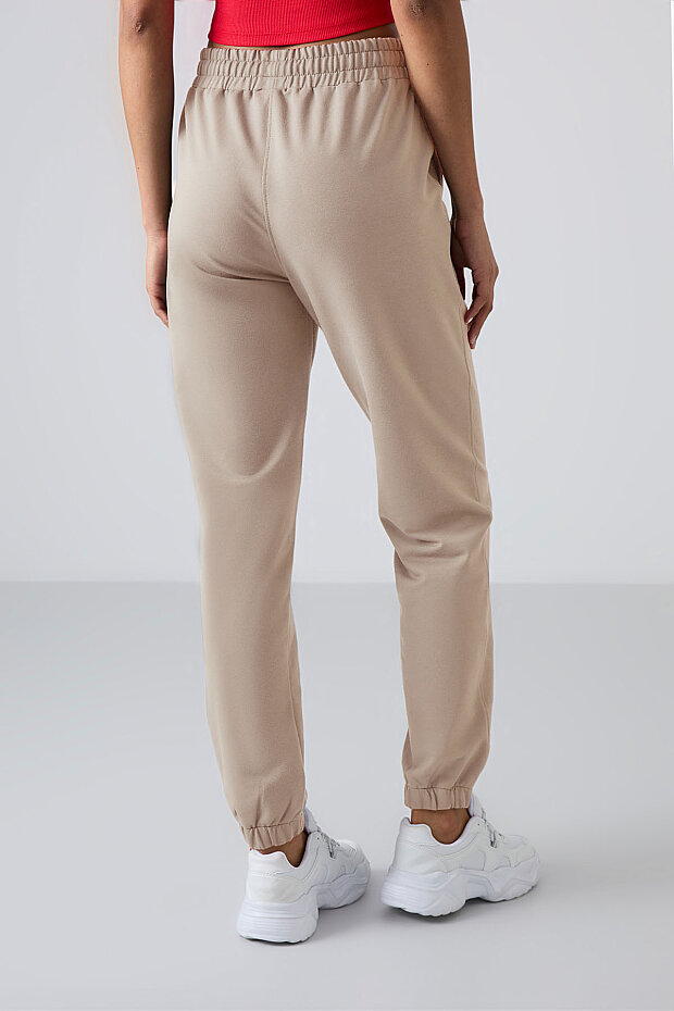 Koyu Bej Cepli Yüksek Bel Rahat Form Lastik Paça Kadın Eşofman Alt - 94583 - 5