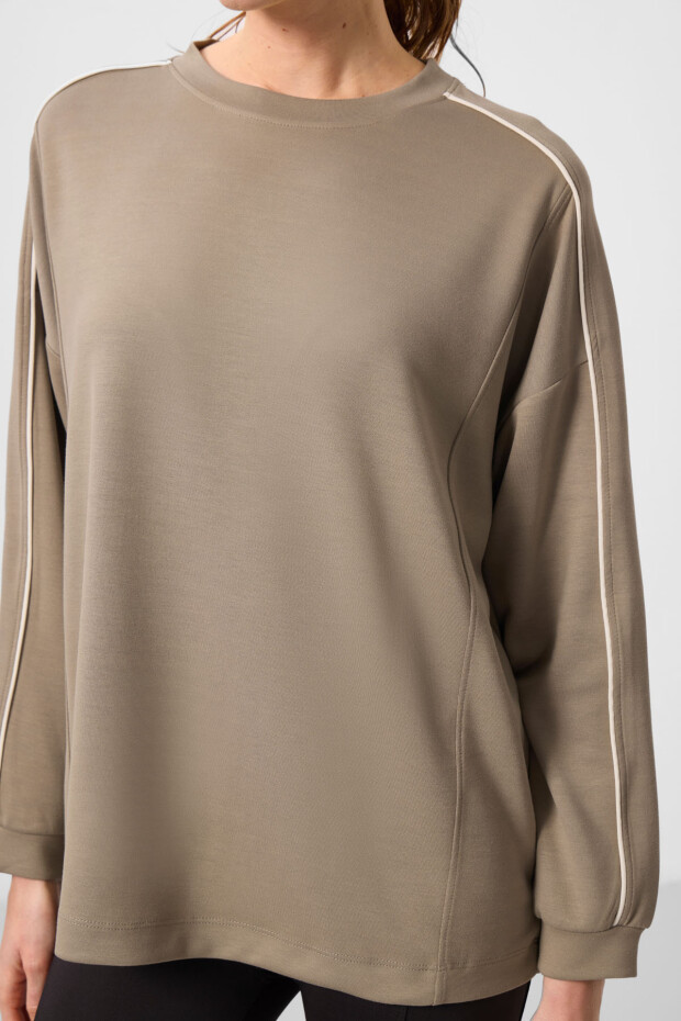 Koyu Bej Yumuşak Dokulu O Yaka Oversize Kadın Tunik Sweatshirt - 97303 - 3