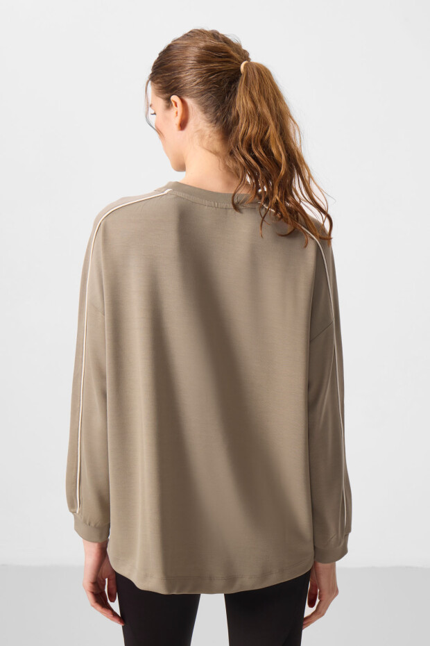 Koyu Bej Yumuşak Dokulu O Yaka Oversize Kadın Tunik Sweatshirt - 97303 - 5