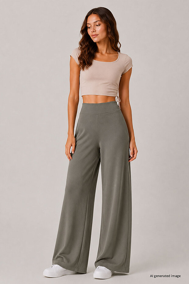 Koyu Bej Comfort Fit Geniş Paça Korsajlı Palazzo Kadın Pantolon - 94681 - 1