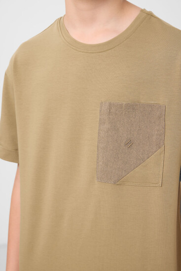 Koyu Bej-Camel Pamuklu Oversize Fit Dokuma Hafif Esnek Chino Erkek Çocuk Şort Takım - 11278 - Thumbnail