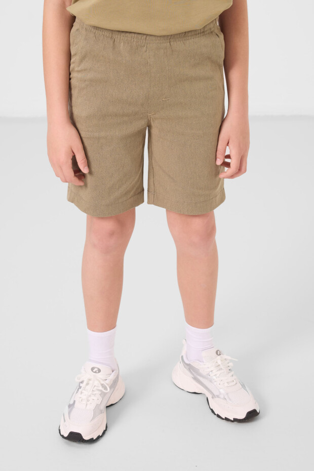 Koyu Bej-Camel Pamuklu Oversize Fit Dokuma Hafif Esnek Chino Erkek Çocuk Şort Takım - 11278