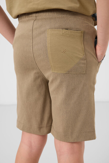 Koyu Bej-Camel Pamuklu Oversize Fit Dokuma Hafif Esnek Chino Erkek Çocuk Şort Takım - 11278 - Thumbnail
