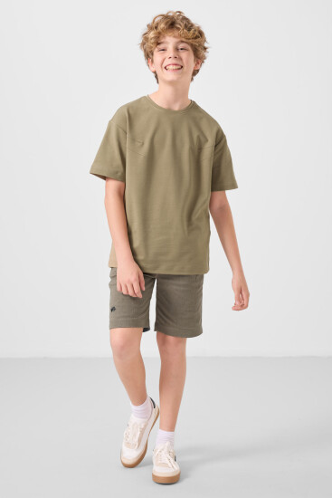 Koyu Bej-Camel Pamuklu Oversize Fit Dokuma Hafif Esnek Chino Erkek Çocuk Şort Takım - 11277 - Thumbnail