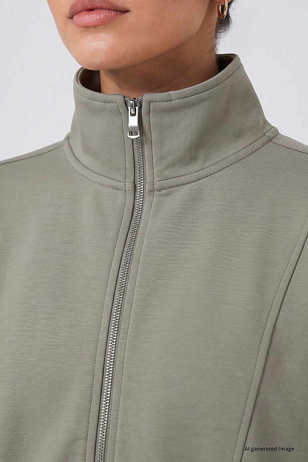 Koyu Bej Dik Yaka Standart Kalıp Crop Kadın Sweatshirt - 97317 - 3