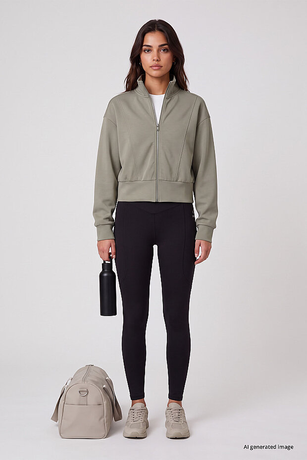 Koyu Bej Dik Yaka Standart Kalıp Crop Kadın Sweatshirt - 97317 - 1