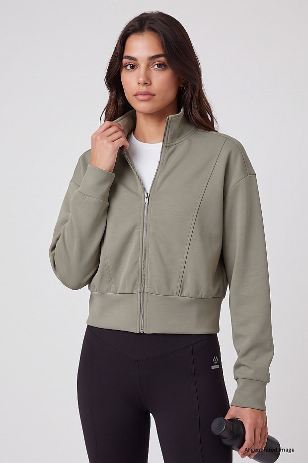 Koyu Bej Dik Yaka Standart Kalıp Crop Kadın Sweatshirt - 97317 - 2