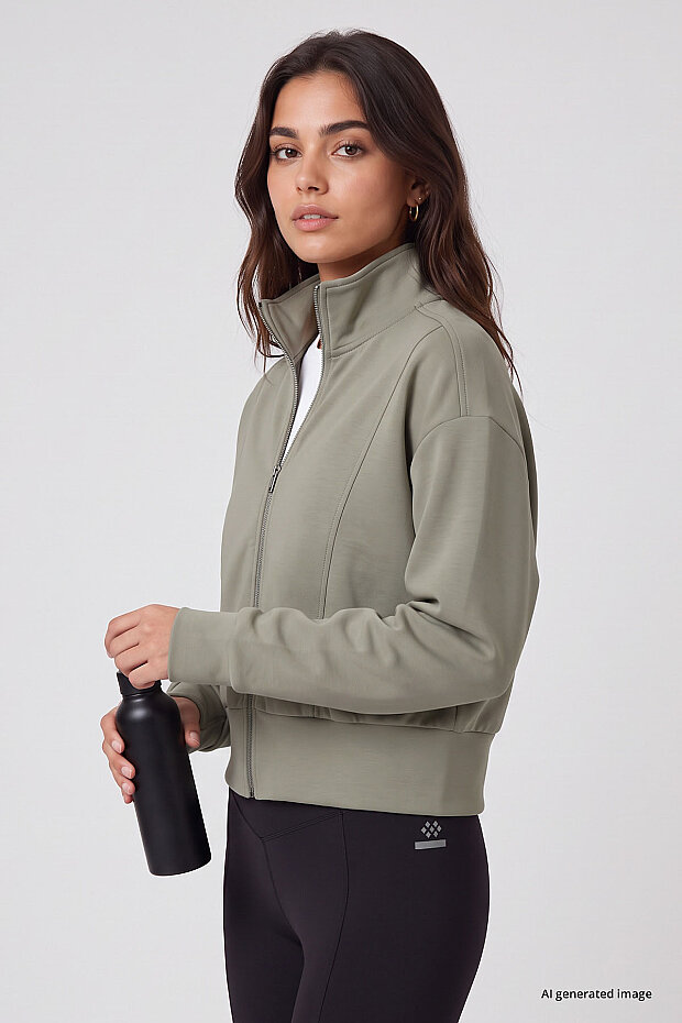 Koyu Bej Dik Yaka Standart Kalıp Crop Kadın Sweatshirt - 97317 - 4