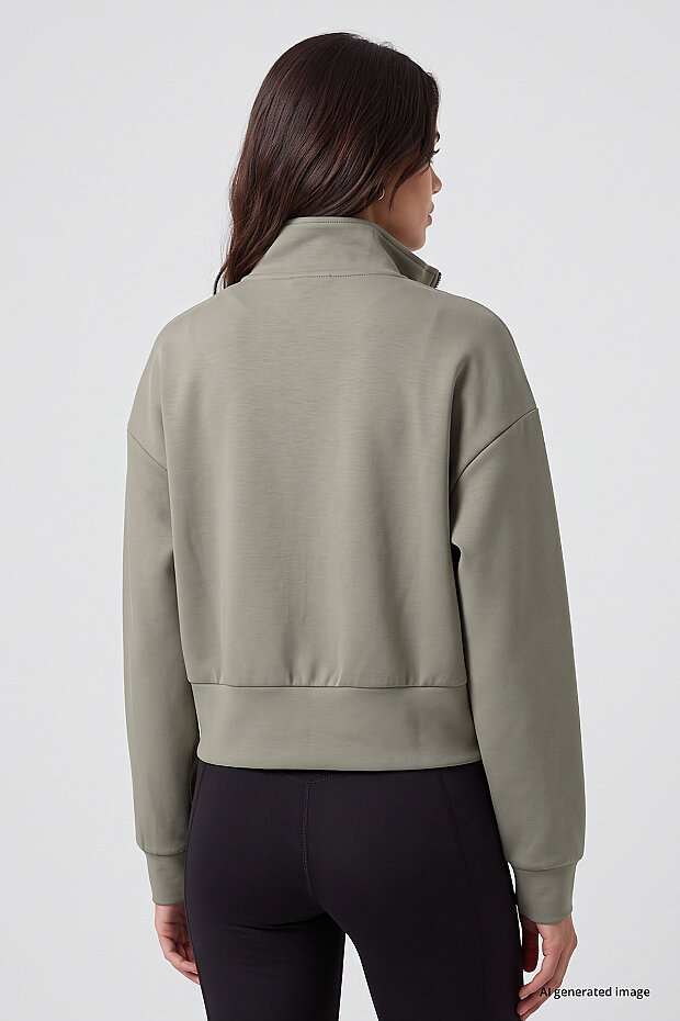 Koyu Bej Dik Yaka Standart Kalıp Crop Kadın Sweatshirt - 97317 - 5