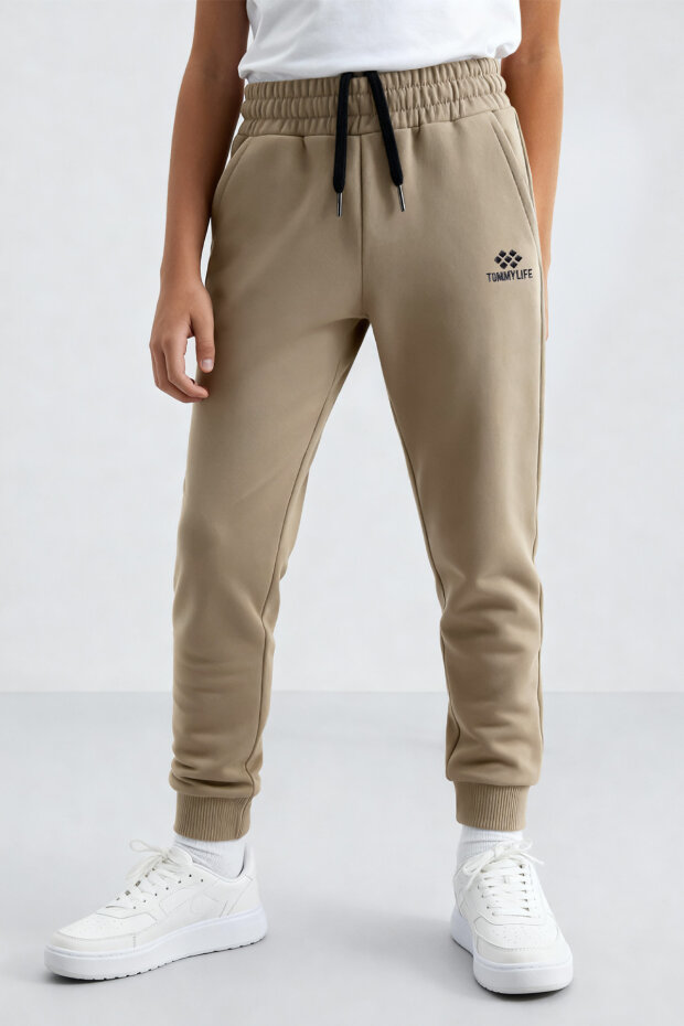 Koyu Bej Standart Fit Manşetli İnce Erkek Çocuk Eşofman Alt - 11062 - 3