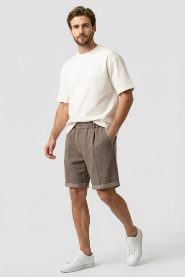 Koyu Bej Oversize Fit Basic Kemer Detaylı Erkek Şort - 81285 - TOMMYLIFE (1)