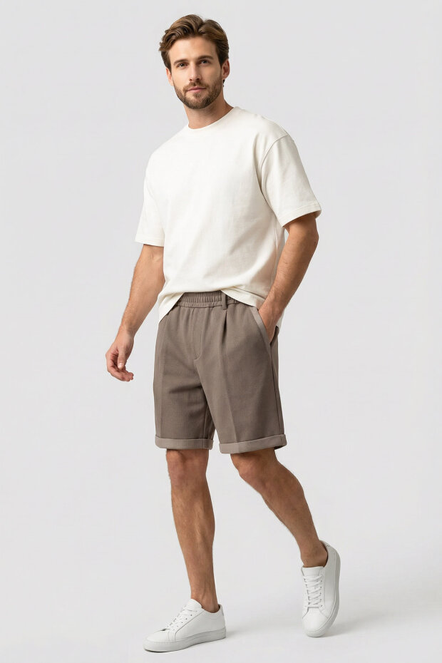 Koyu Bej Oversize Fit Basic Kemer Detaylı Erkek Şort - 81285 - 2