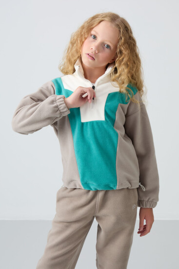 Koyu Bej Kalın Yumuşak Dokulu Rahat Form Nakışlı Polar Kız Çocuk Sweatshirt - 75153 