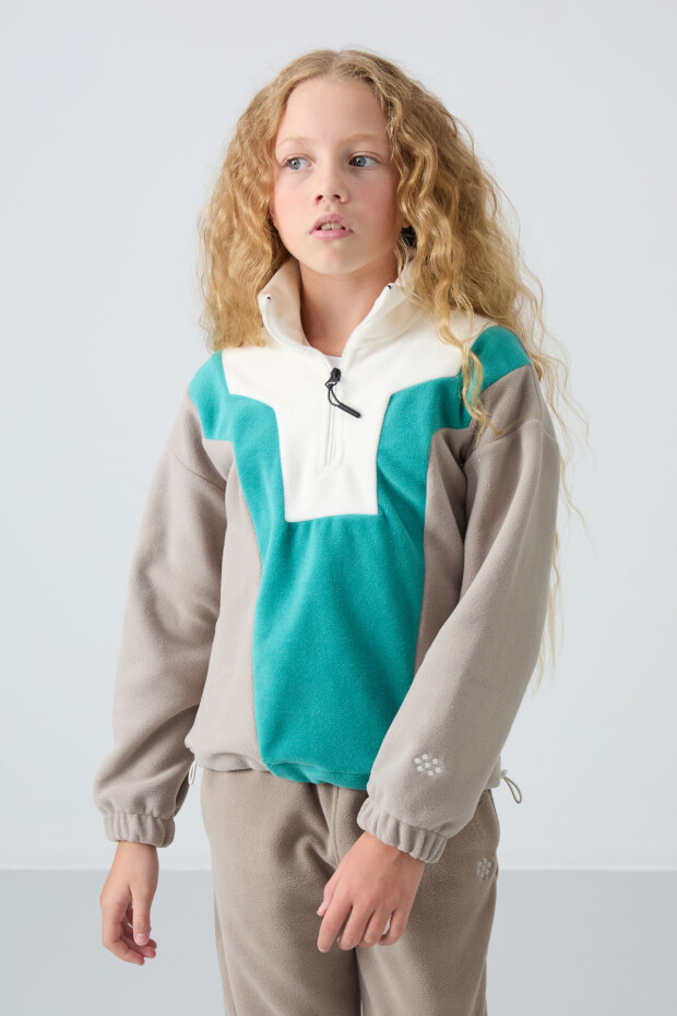 Koyu Bej Kalın Yumuşak Dokulu Rahat Form Nakışlı Polar Kız Çocuk Sweatshirt - 75153 - 3