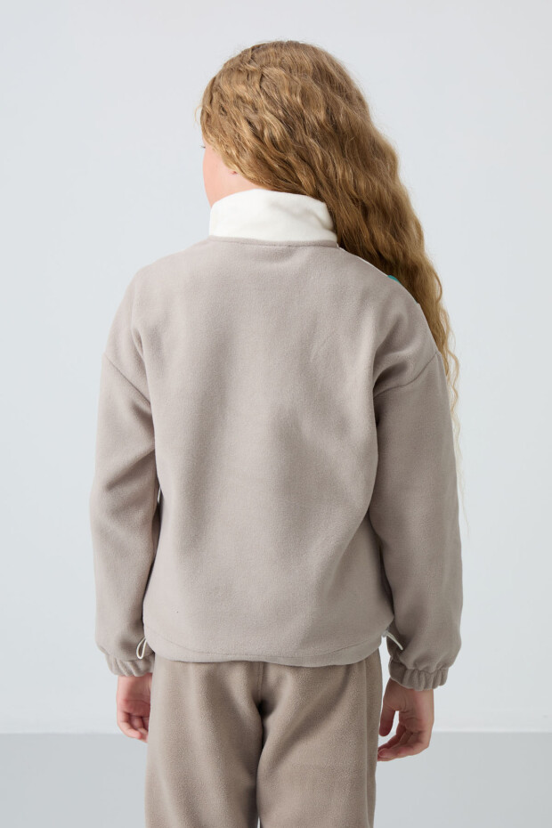 Koyu Bej Kalın Yumuşak Dokulu Rahat Form Nakışlı Polar Kız Çocuk Sweatshirt - 75153 - 5