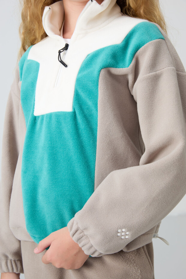 Koyu Bej Kalın Yumuşak Dokulu Rahat Form Nakışlı Polar Kız Çocuk Sweatshirt - 75153 - 4