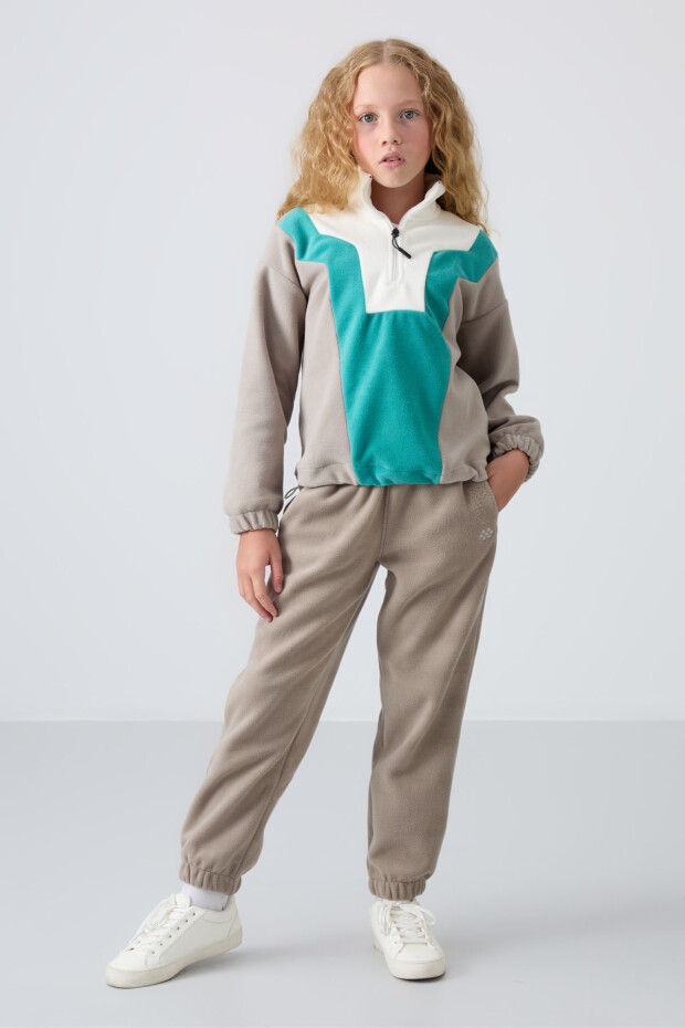 Koyu Bej Kalın Yumuşak Dokulu Rahat Form Nakışlı Polar Kız Çocuk Sweatshirt - 75153 - 2